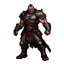 A heavily armored warrior with segmented plate armor, leather straps, and a rugged tunic in muted browns, grays, and deep reds.