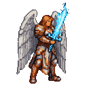 Majestic angel in bronze and silver segmented armor with spread feathered wings, holding a radiant sword crackling with icy blue energy.