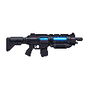 Sleek, futuristic laser rifle with a glowing blue energy cell against a black background.