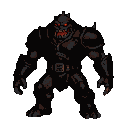 A hulking magma monster with dark segmented armor, glowing red eyes, and a snarling maw.