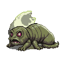 A hunched, pale green creature with bulging crimson eyes and needle-like teeth, a wispy yellow halo above its head.