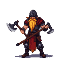 Warrior with a golden beard, stern expression, wearing segmented dark armor and a crimson cape, holding two battle axes.