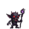 Menacing imp with pointed horns, glowing red eyes, sharp yellow teeth, and dripping green slime, holding a staff with a pulsating purple orb.