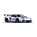 White sports car with aggressive styling, red accents on wheels and side stripes, against a black background.
