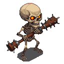 Menacing skeleton with a large skull, glowing orange eyes, and a spiked club, posed for battle from a top-down perspective.