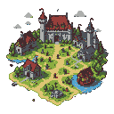 Bird's-eye view of a medieval settlement with red-tiled roofs, stone buildings, a prominent tower, winding paths, many gravestones, and blue rivers.