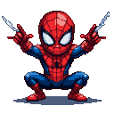Chibi Spider-Man in a dynamic crouching pose, web-shooters activated, with shimmering webbing extending from his wrists.