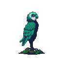 A teal owl with piercing eyes perched on moss.