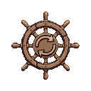 This pixel art features a weathered pirate ship's wheel with a refresh icon, ready to set sail on new adventures!