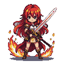 Anime warrior with fiery red hair, ornate armor, and a crimson cape, holding a diamond-like sword, surrounded by a red aura and stylized flames against a black background.