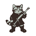 A determined cat warrior wearing boots and a tunic, holding a sword across its chest, with its tail held high and a forward gaze.