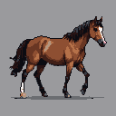 A brown horse with a black mane and tail walks with its head held high, a white blaze on its face, against a gray background.