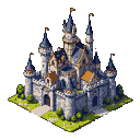 A grey and white multi-turreted castle with terracotta roofs and flags, situated on a grassy knoll with small trees.