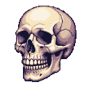 Pixelated skull with pale yellow and muted purple bone structure, empty eye sockets, and bared teeth against a transparent black background.