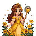 Pixel Art: Princess Mélina is as sweet as the honey she protects. She watches over the golden bees that gather nectar from sugar-flowers. Her scepter is a magical honey spoon that heals broken hearts. Always smiling, she speaks softly and sings songs that make the fields bloom. (generated with AI by Dixy).