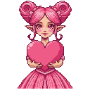 Pixie with pink hair in twin buns and pointed ears, holding a large pink heart.