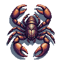 A dark scorpion with orange and purple highlights, claws raised in an aggressive pose.