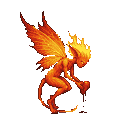 fire pixie with wings like flames holding bleeding heart