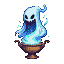 A cyan and electric blue spectral soul with hollow eyes and a menacing grin emerges from an ornate lamp, trailing wisps of energy.
