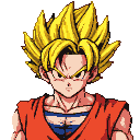 Super Saiyan Goku with spiky golden hair and orange gi, looking determined.