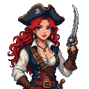 Fierce female pirate with red hair, tricorn hat, ruffled shirt, vest, sash, holding a sword and a revolver.