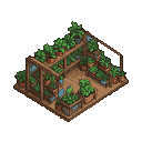 A rustic wooden greenhouse filled with numerous potted plants on tiered shelves.