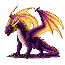 Regal dragon with shimmering purple, magenta, and gold scales, unfurled wings of gold, orange, and purple, and a golden spiked crest.