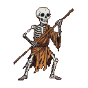 Skeletal monk in tattered earth-toned robe grips a wooden staff diagonally.