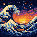 Pixel Art: Ocean waves shaped like galaxies (generated with AI by Den).