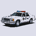 Pixel art Crown Victoria police car with red and blue light bar and police markings.
