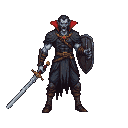 Pixel Art: vampire with shield and sword, full body view, game monster