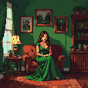 Pixel Art: lady in green inside the house