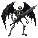 Menacing skeletal figure with glowing red eyes, tattered black wings, and a jagged sword against a dark background.