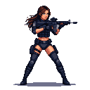 A determined SWAT operative, weapon at the ready, surveys the scene with unwavering resolve, her pixelated form exuding a classic retro readiness.