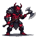 Crimson-skinned demon warrior with dark metallic armor, sharp horns, and a snarling face, holding a double-headed axe.