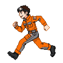 Young man in orange and gray mechanic's jumpsuit with goggles on forehead, running with determination.