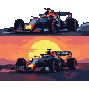 Formula 1 car in dark blue, red, and yellow speeding on a dusty track under a vibrant, pixelated yellow sunset.