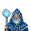 Ice mage with glowing blue beard and eyes, holding a staff with a crystal orb.
