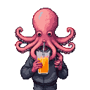 Pixel Art: character with octopus instead of head drinking orange juice