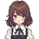 Young figure with brown hair and blue eyes, wearing a white shirt and dark pinafore with a bow, gentle melancholic expression.