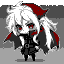 Chibi vampire Scarlet in a battle stance, with messy white hair, glowing red eyes, and fangs. She wears a dark gothic outfit with a tattered red cape.