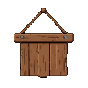 Rustic wooden sign with visible grain and weathered edges, hanging by ropes.