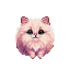A pale pink, exceptionally fluffy cat with large teal eyes sits with a gentle, melancholic expression.