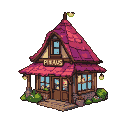A whimsical pixie house with a magenta roof, pale yellow flag, and "PIKHAUS" sign, nestled in greenery.