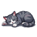 A gray tabby cat with white markings sleeps curled on its side, paws extended.