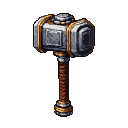A powerful, golden-banded warhammer with a textured brown grip.