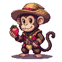 Pixel Art: monkey merchant holding strawberry (generated with AI by pixie.haus).