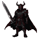 Warrior in black armor with wolf-like cape, holding a greatsword, wearing a horned helmet with glowing red eyes.