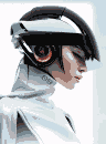 Profile of a figure wearing a futuristic helmet with a prominent visor and a high-collared white garment.