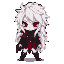 Chibi vampire in battle stance with messy white hair, glowing crimson eyes, and fangs. She wears a dark charcoal leather tunic with silver buckles and a tattered scarlet cape. Sharp violet backlighting defines her silhouette.